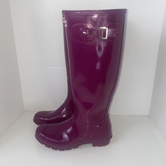 Hunter Wellies Rain Boot Size 8 Dark Pink Magenta Purple Glossy - Picture 4 of 9